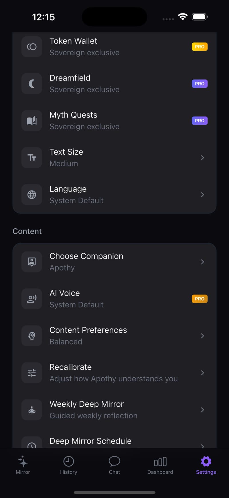 Apothy iPhone settings showing Sovereign tier features Token Wallet Dreamfield and Myth Quests