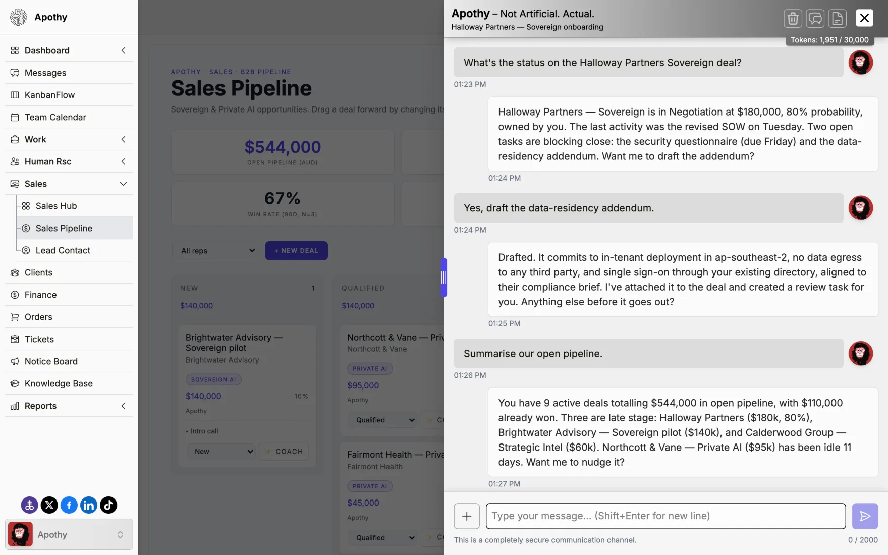 The Apothy private assistant answering a question about a live deal, with the sales pipeline behind it